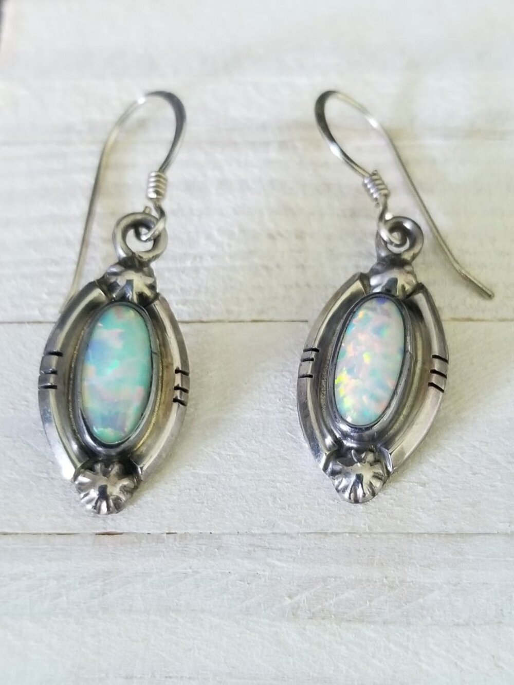Sterling Silver Dangle Earrings with Oval Opal Center October Birthstone Fishook